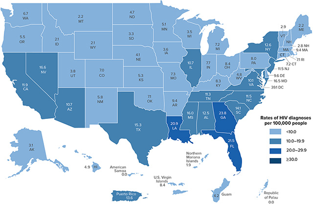 U.S. map of HIV diagnoses by state, 2018