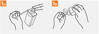 Using alcohol hand sanitizer to effectively clean hands, step 1, apply product to cupped hand.