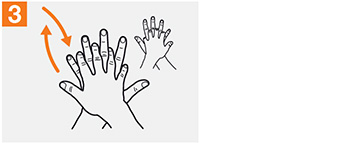 Using alcohol hand sanitizer to effectively clean hands, step 3, interlace fingers and rub palms over back of hand.
