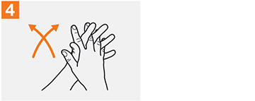 Using alcohol hand sanitizer to effectively clean hands, step 4, interlace fingers and rub palm to palm.