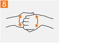 Using alcohol hand sanitizer to effectively clean hands, step 5, rub backs of fingers to opposing palms.