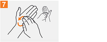 Using alcohol hand sanitizer to effectively clean hands, step 7, rub clasped fingers in palm.