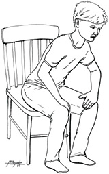 Illustration showing a person seated in tripod position as commonly seen in persons with COPD and emphysema